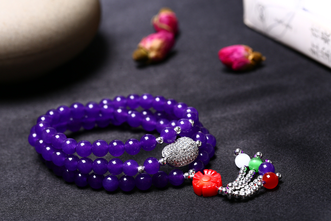 原创 天然水晶紫玉髓手链 珊瑚梅花配925银饰品 时尚手链紫气东来