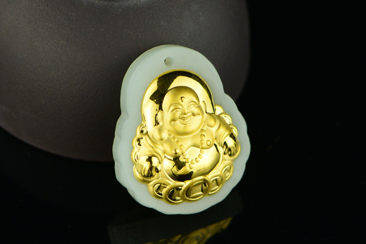 足金和田玉大佛吊坠黄金佛吊坠金镶玉弥勒佛玉坠挂件男女款挂坠