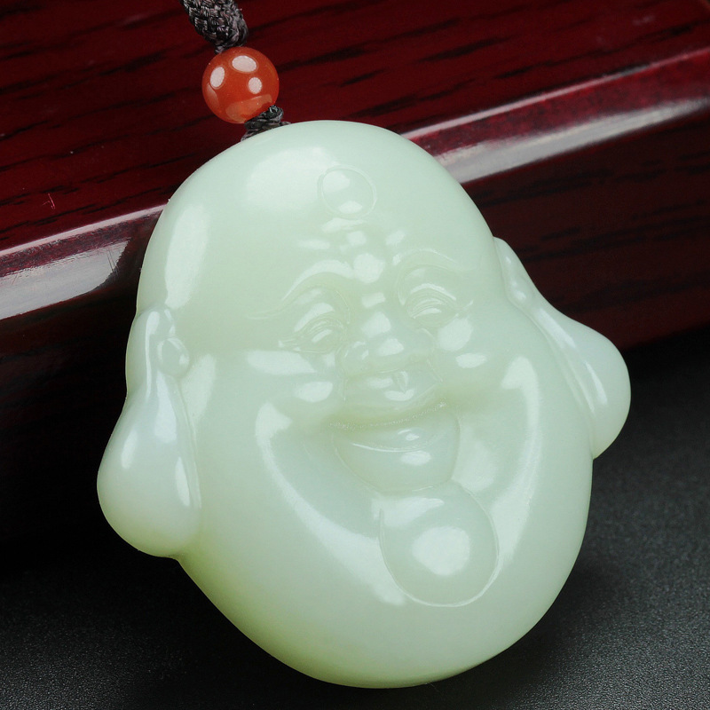 天然新疆和田玉弥勒佛头吊坠 男款玉石菩萨头像玉佩挂件送证书