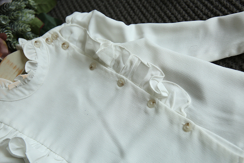 2016秋女童小清新麻混纺斜扣飞边衬衫