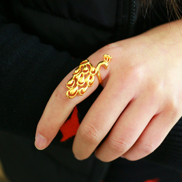 千影珠宝 黄金戒指镀金凤凰孔雀羽毛形指环戒子女食指戒首饰品
