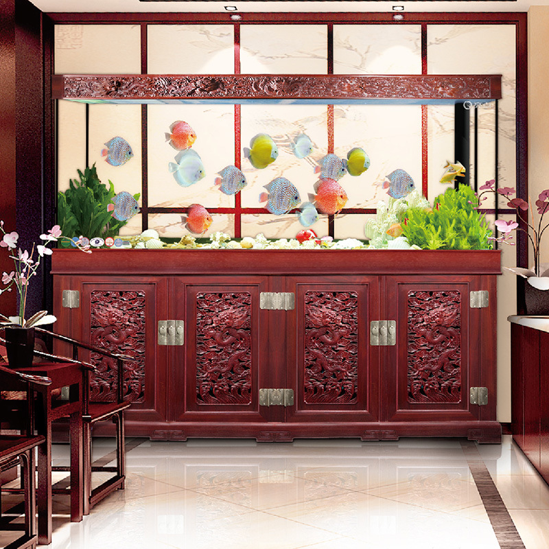 亮点红花梨腾龙柜式生态鱼缸镂空雕龙大型水族缸红木生态缸包安装