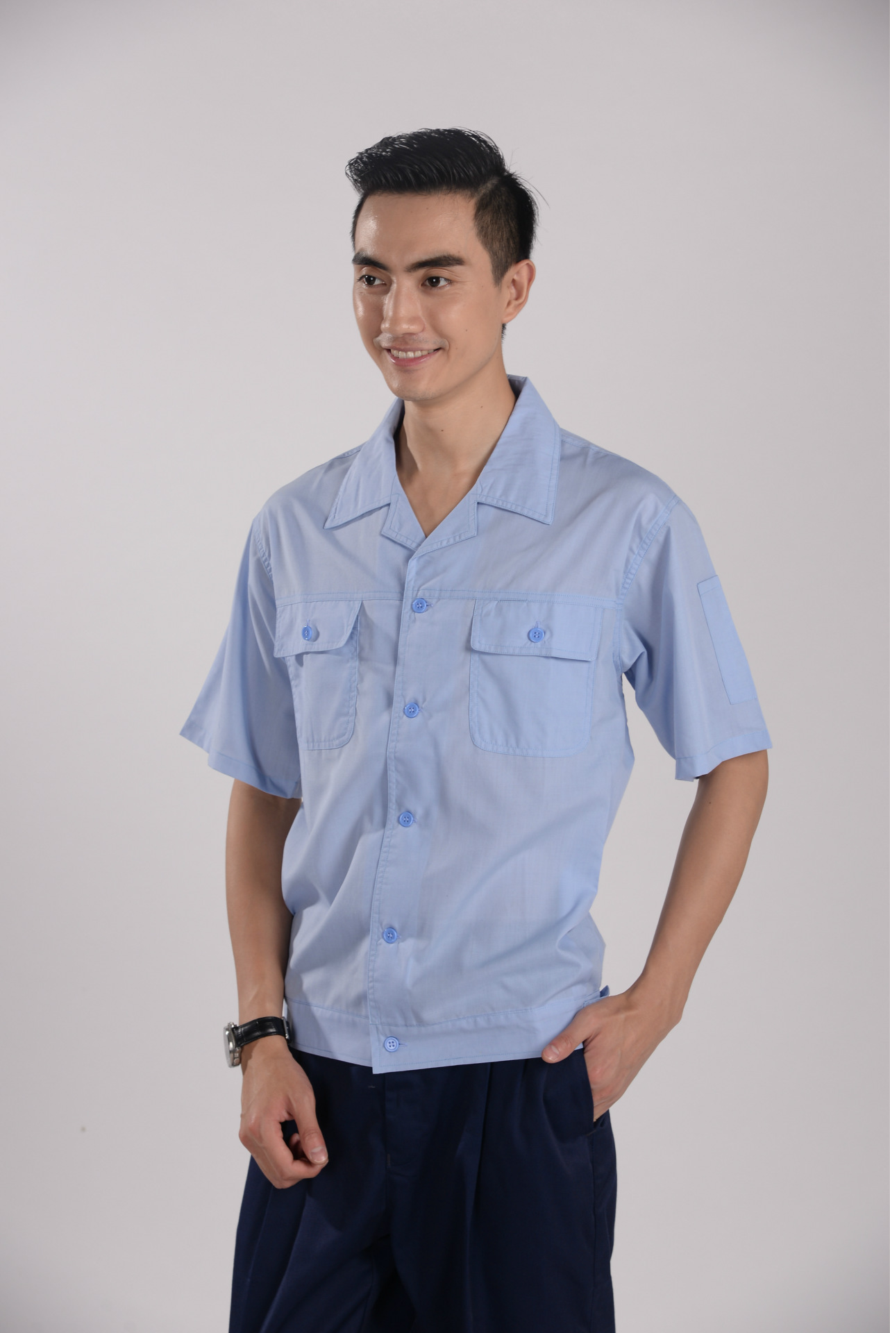 深圳车间工作服上衣男定制涤棉劳保短袖厂服夏季蓝色汽修服工程.