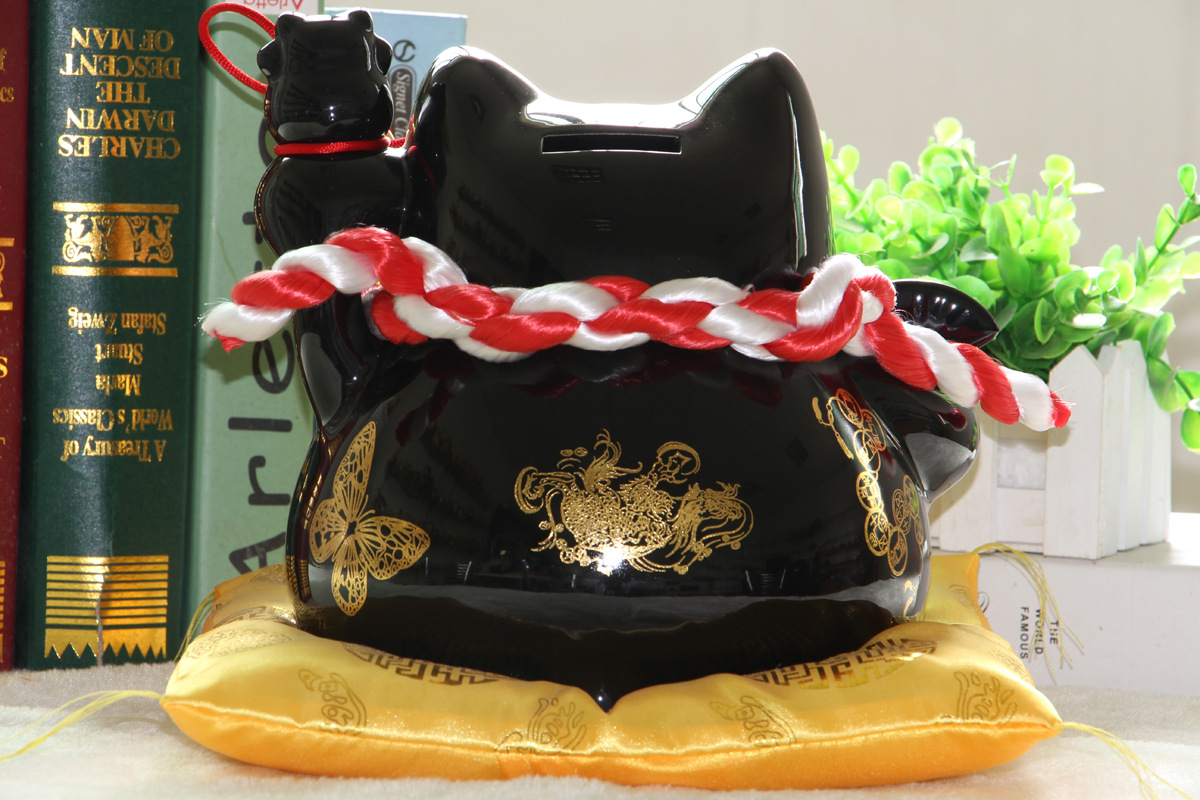 大号9寸黑色日本招财猫 批发采购陶瓷工艺品厂家 开业摆件礼品