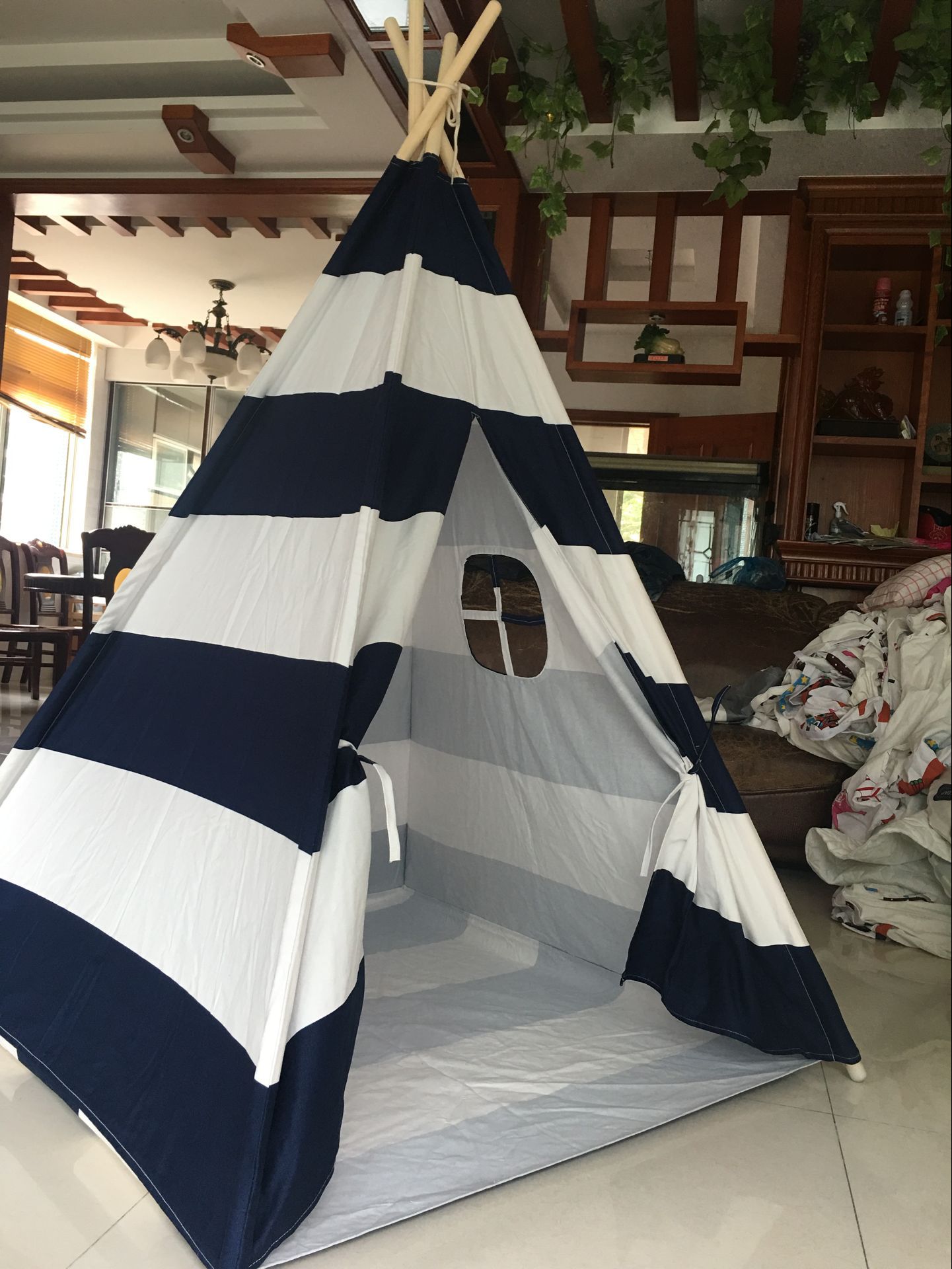 大手小手蓝白条纹印第安进出口儿童玩具帐篷便携宝宝摄影帐篷道具