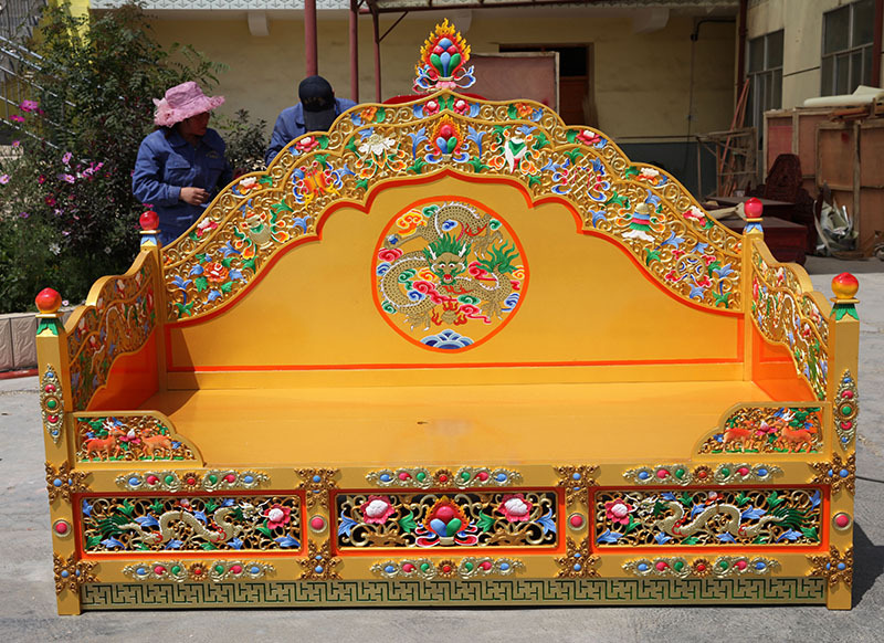 格桑花藏式家具龙床古典藏族风格彩绘单人实木床佛教密宗雕花龙.
