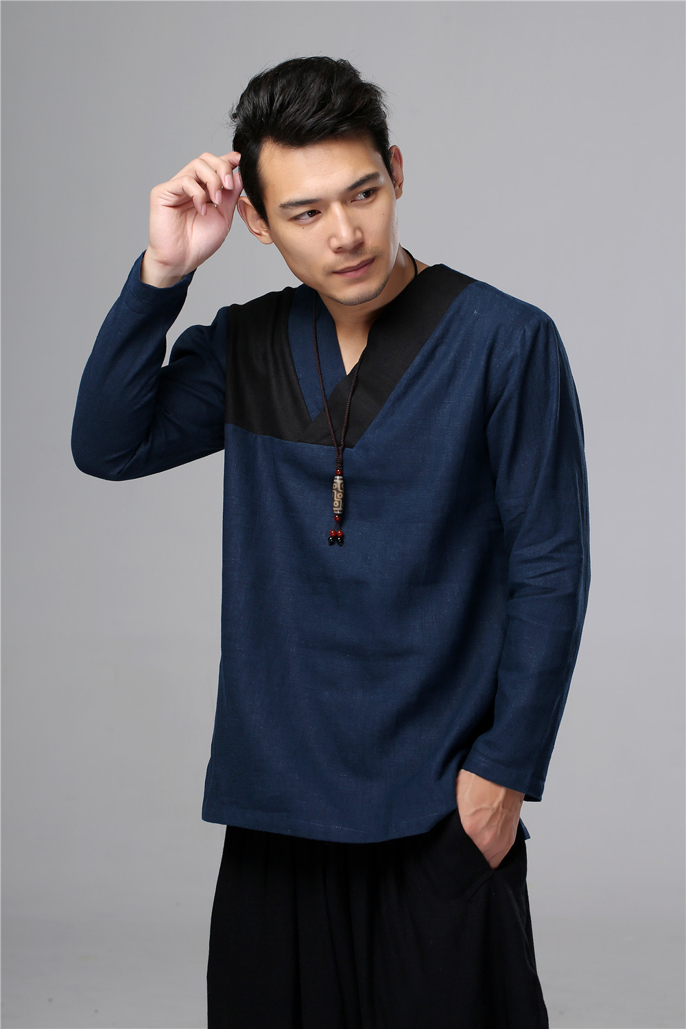 2020新品男装 秋 亚麻男士名族风纯色宽松型长袖 厂家一件代销