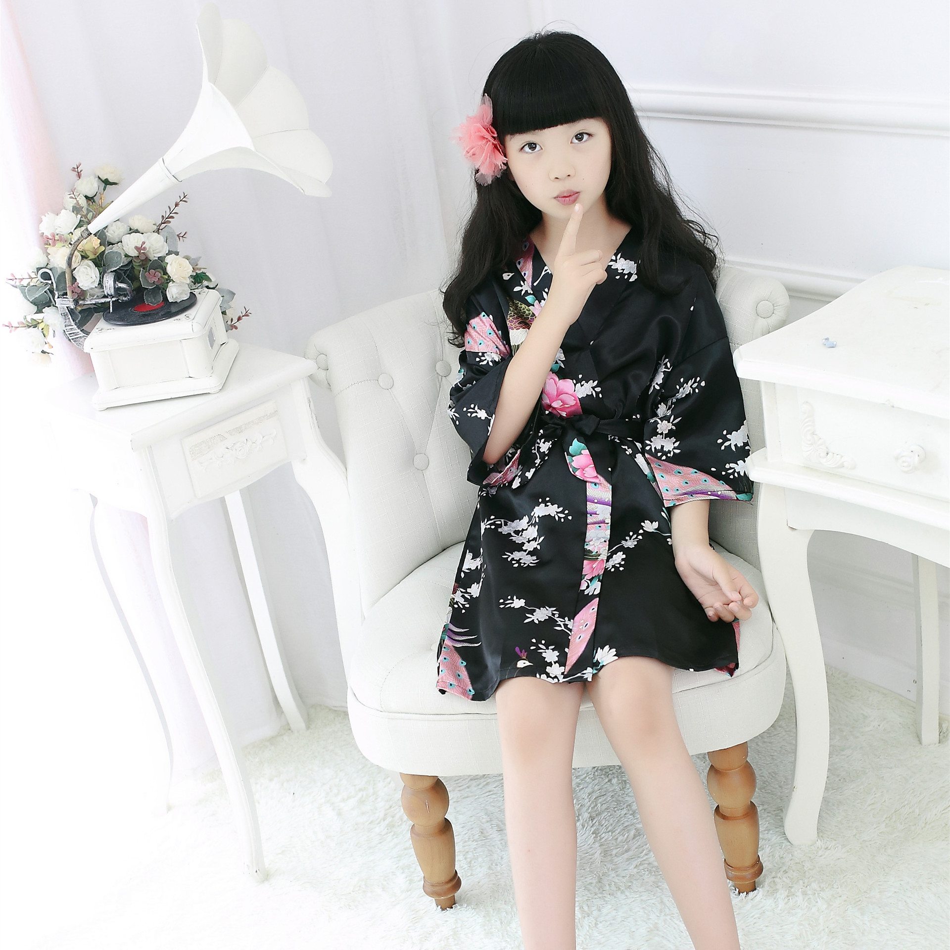 Children's Peacock Kimono Silk Nightgown Pajamas