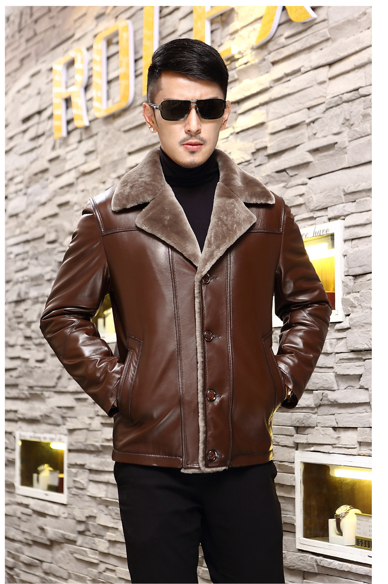海宁皮毛一体男装短款真皮皮衣男士西装领绵羊皮夹克男装外套冬