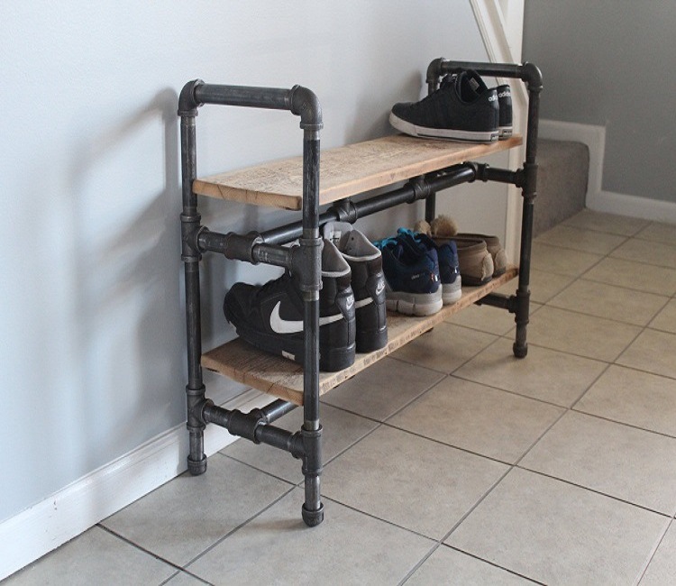 铁艺落地置物架复古铁艺水管鞋架 实木层架落地式多层客厅鞋架