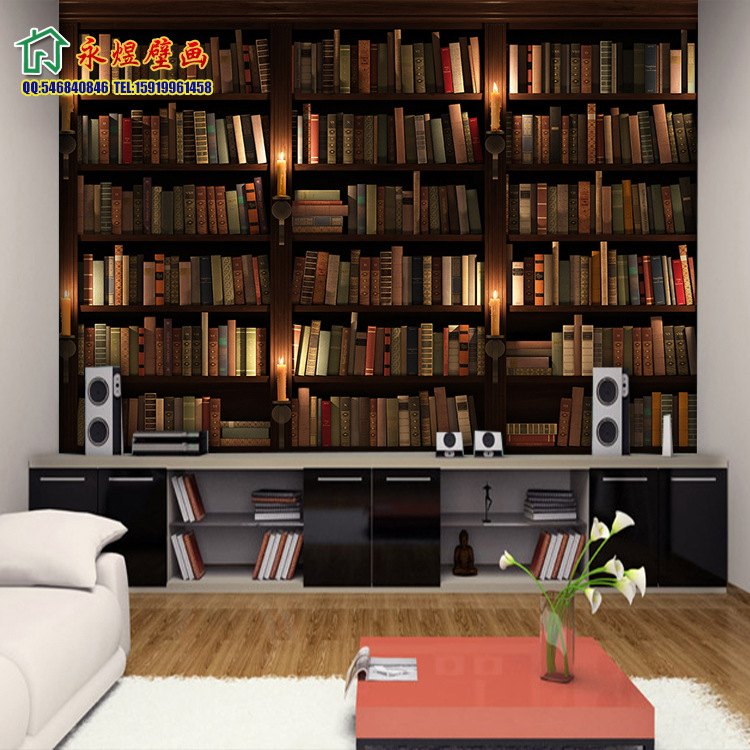 欧式书架壁纸无缝3d书房背景壁画中式字画沙发背景墙纸办公室墙纸