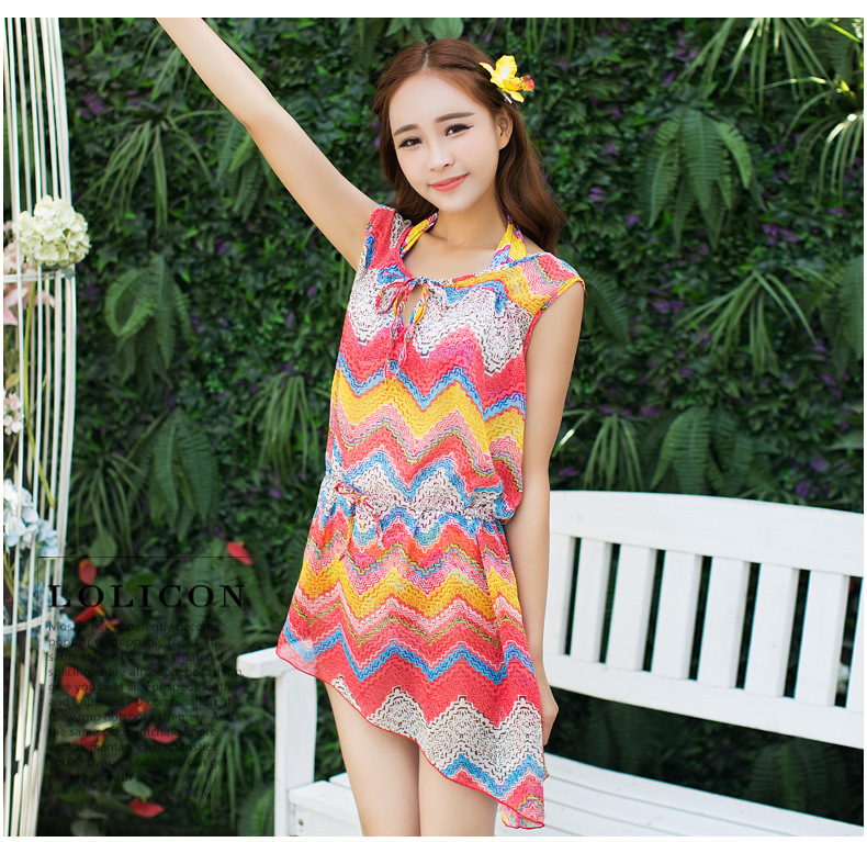 新款向雅祺比基尼三件套雪纺外罩女士泳装高腰平角泳衣