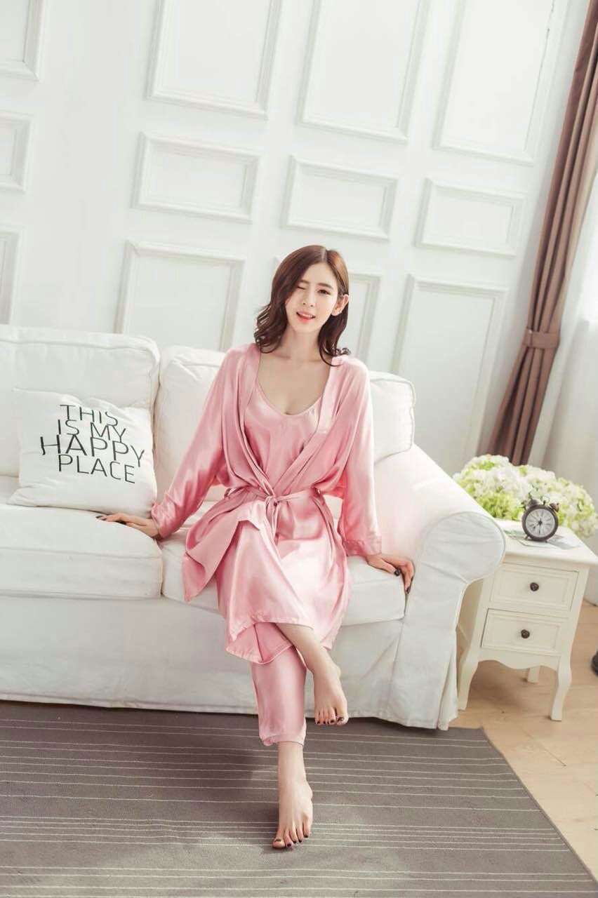 2017时尚韩版女士真丝睡衣三件套简约风
