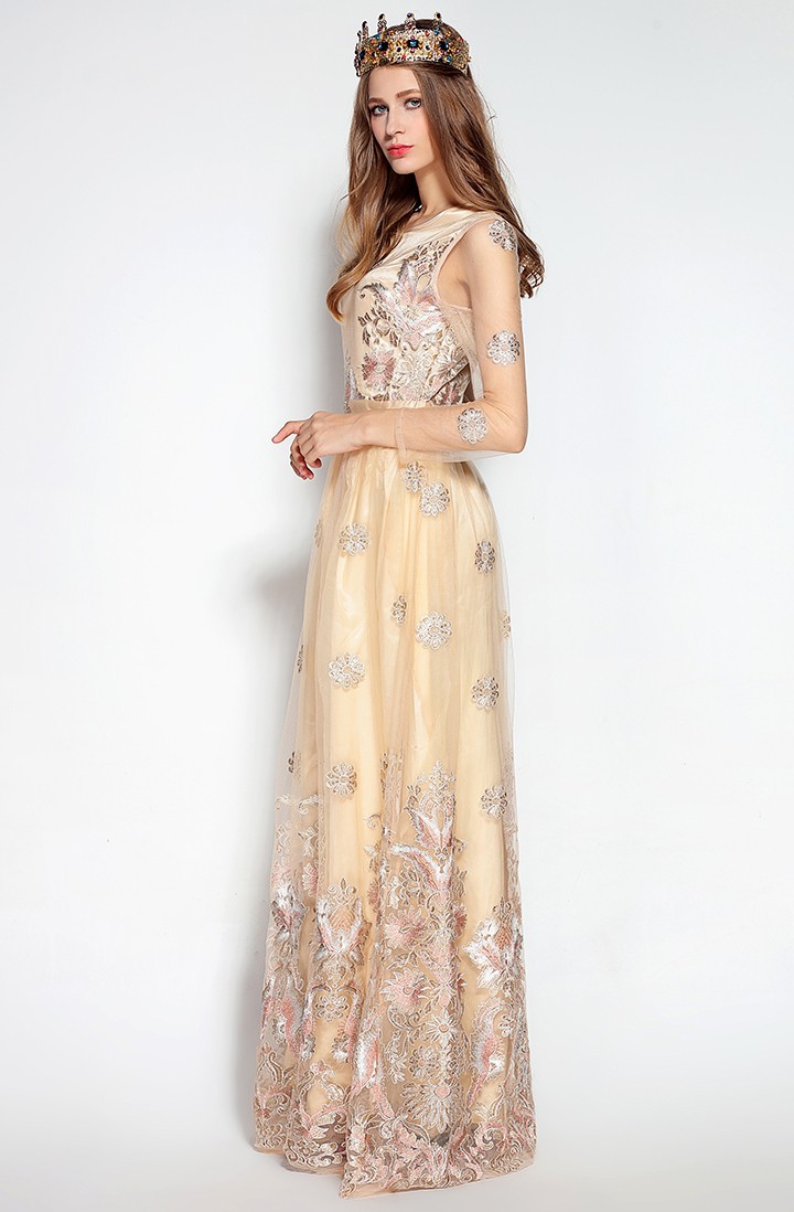 网纱复古刺绣花 长袖收腰 礼服长裙 连衣裙 2016秋冬欧美走秀款