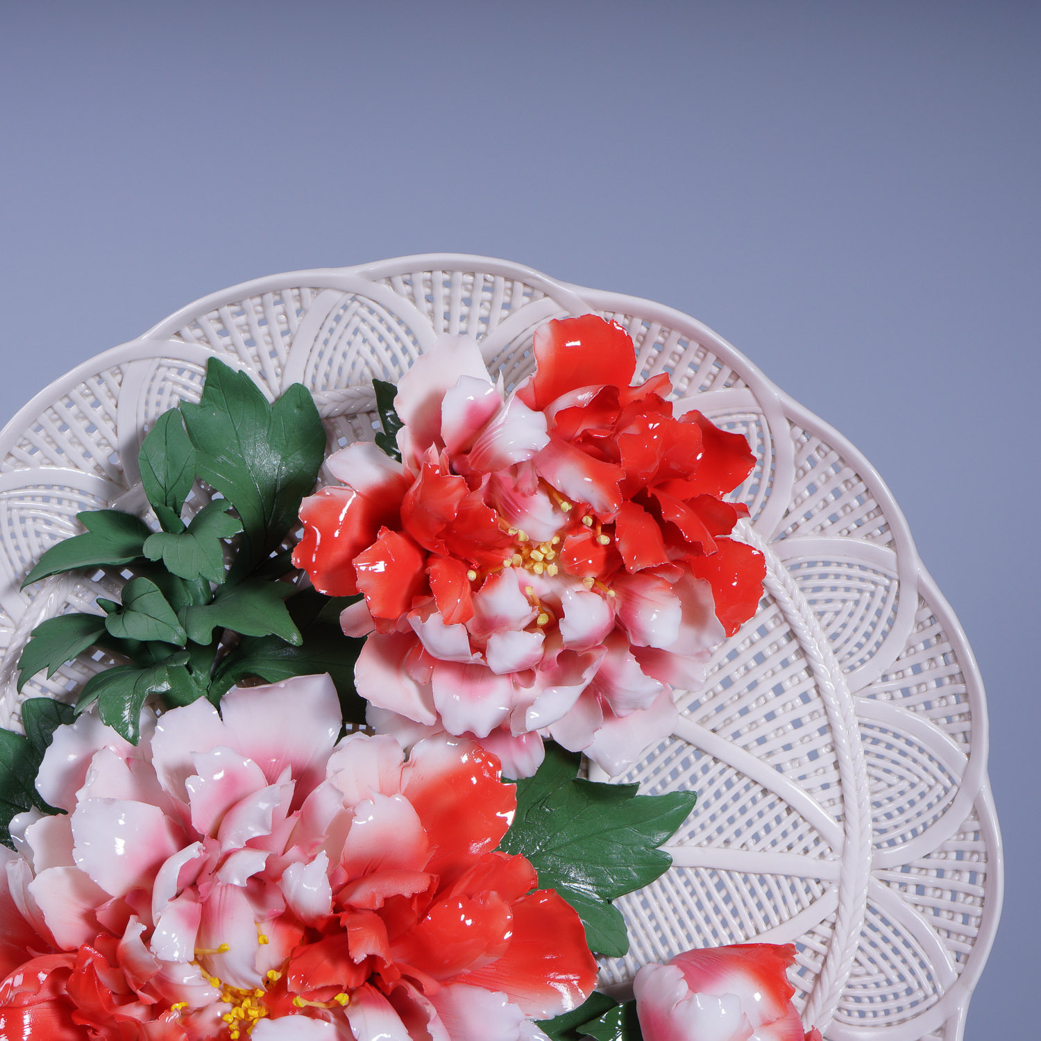 洛阳牡丹瓷花镂空挂盘摆件 陶瓷创意工艺礼