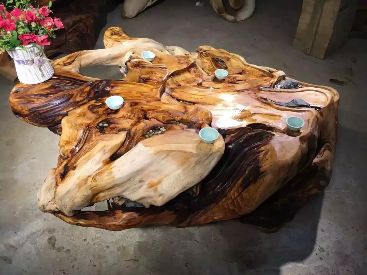 崖柏根抱石茶几 树根茶海 文玩茶馆新款太行崖柏根雕茶台批发