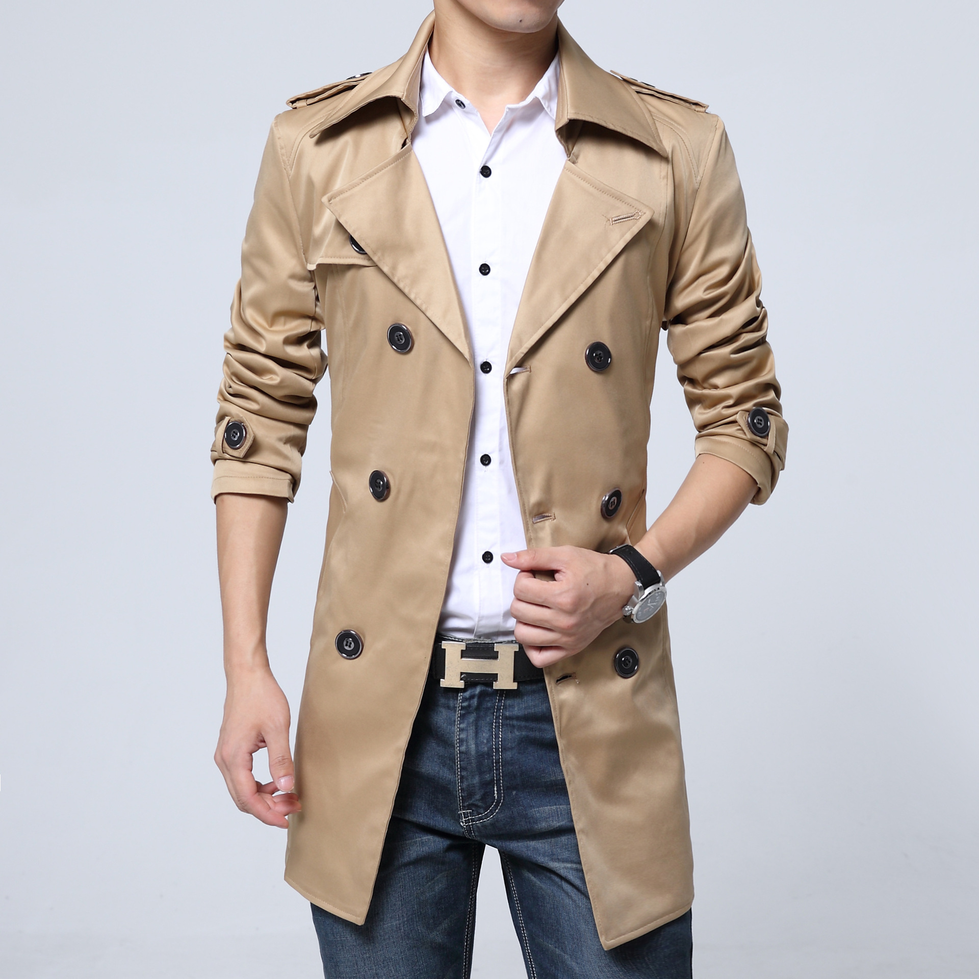 2016新款韩版修身男士爆款风衣中长版型男风衣