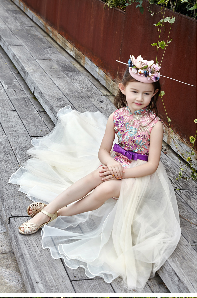 晴妆2016新款儿童蕾丝礼服走秀t台大赛拖尾礼服裙女童公主连衣裙