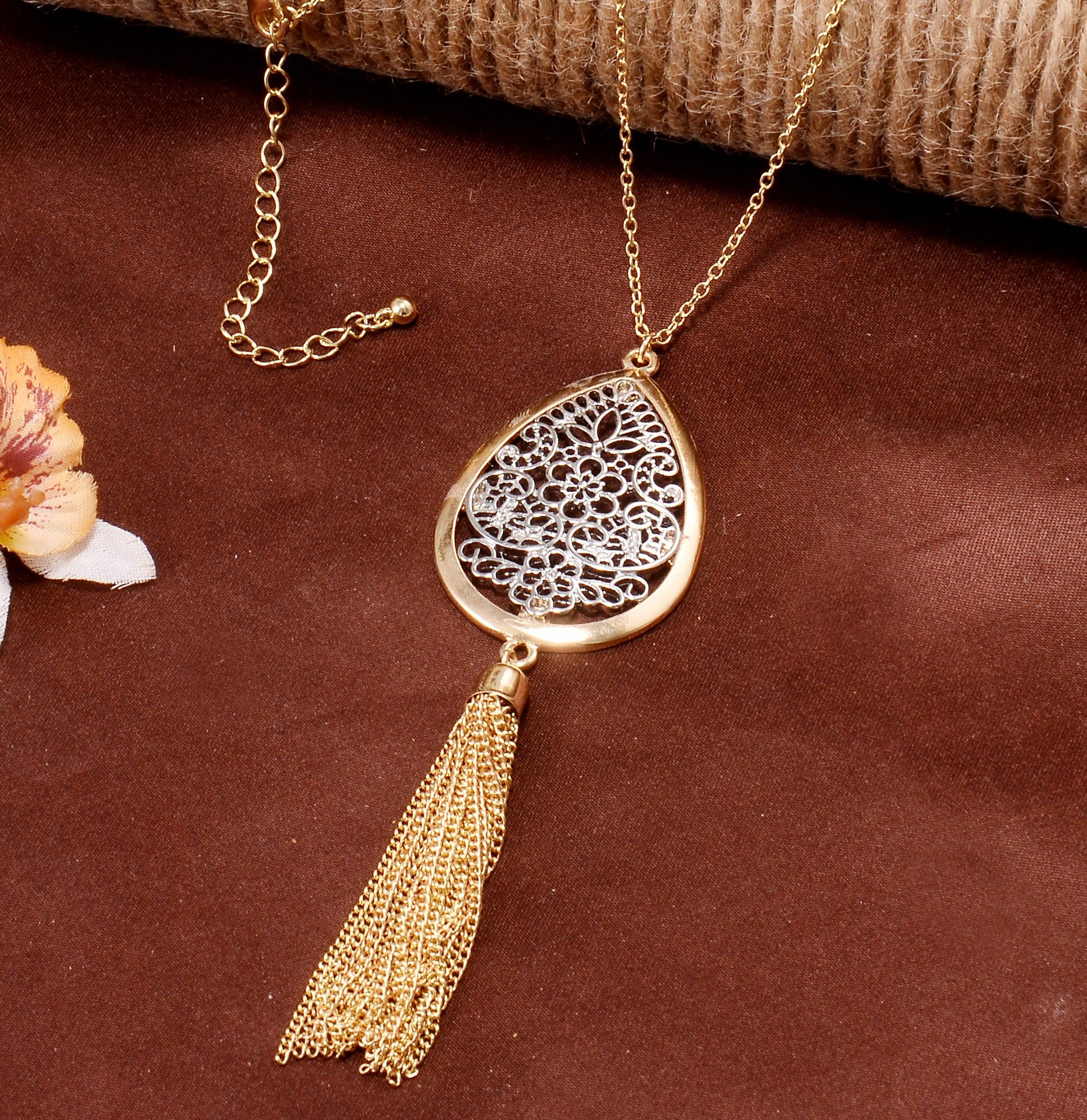 欧美出口品质环保流苏金属链穗两色镂空长款项链流苏毛衣链