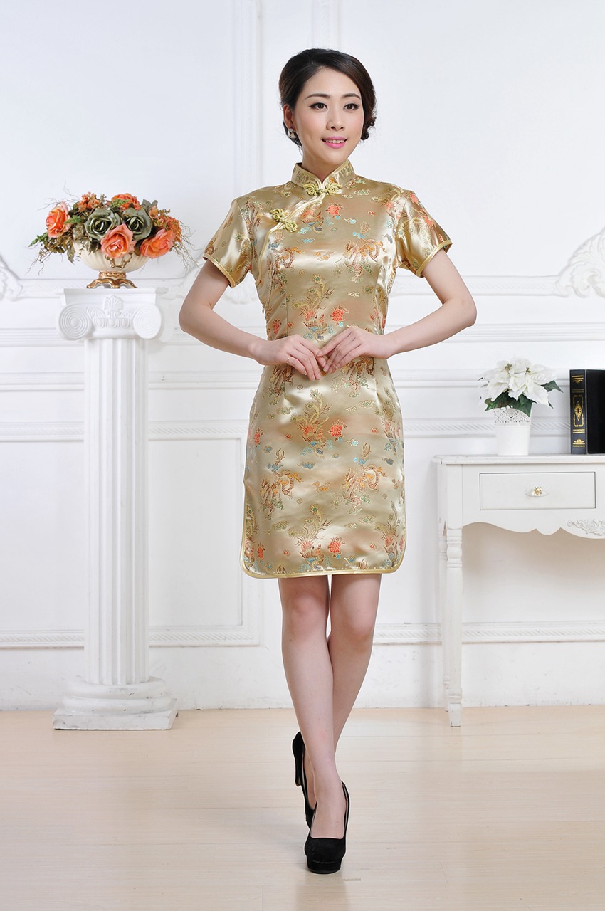 龙凤短旗袍 女士唐装夏装礼服斜襟短袖织锦缎演出服旗袍裙