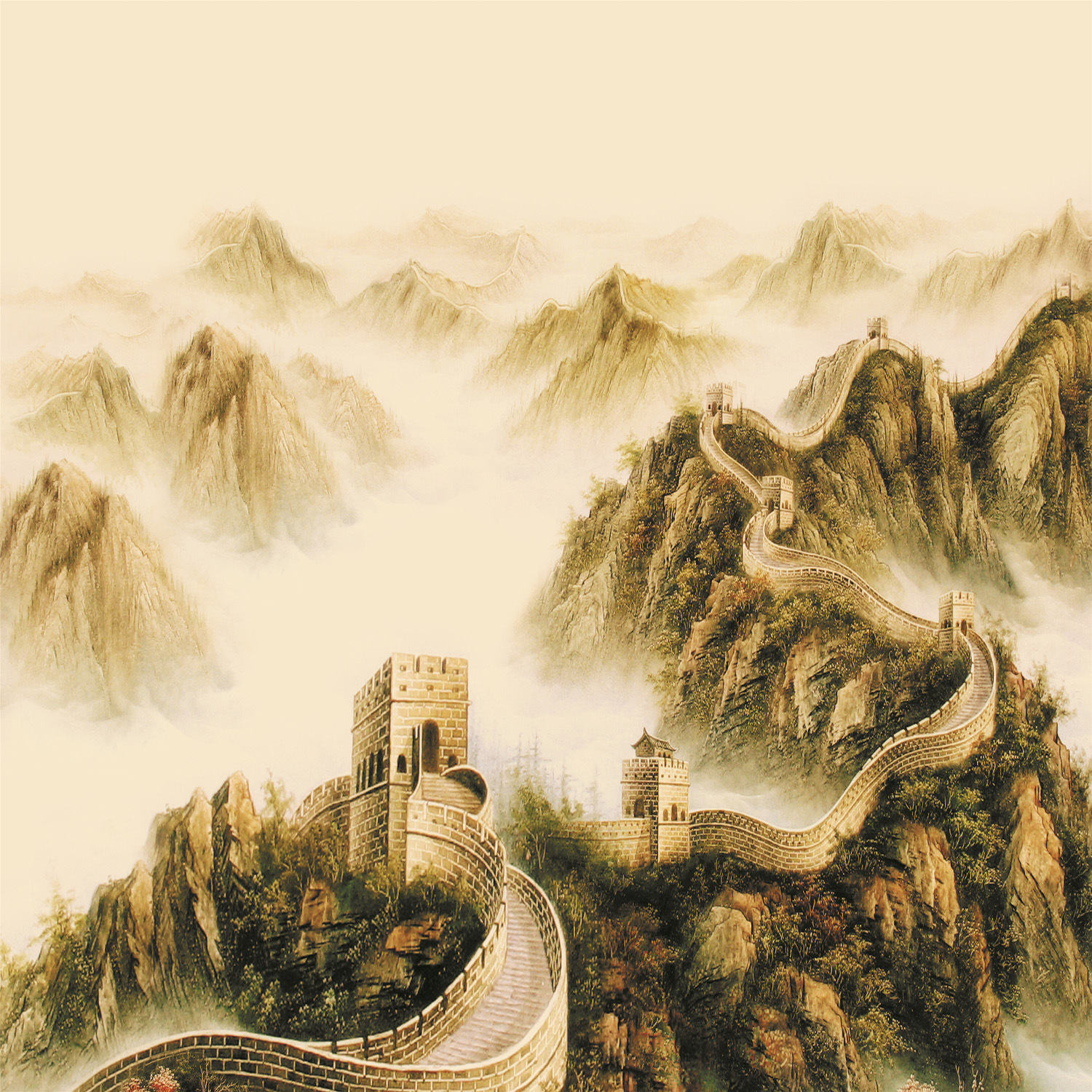 国画水墨中式墙纸客厅沙发电视背景墙壁纸大型壁画万里长城fq.