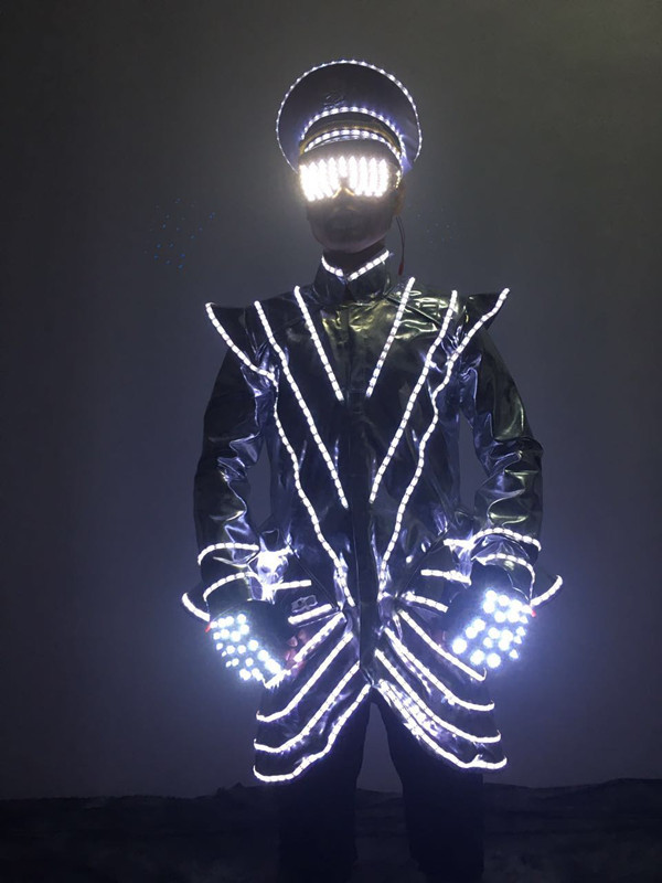 led发光服装白光爆闪服ktv酒吧传送服表演激光服夜场银色出酒服帽