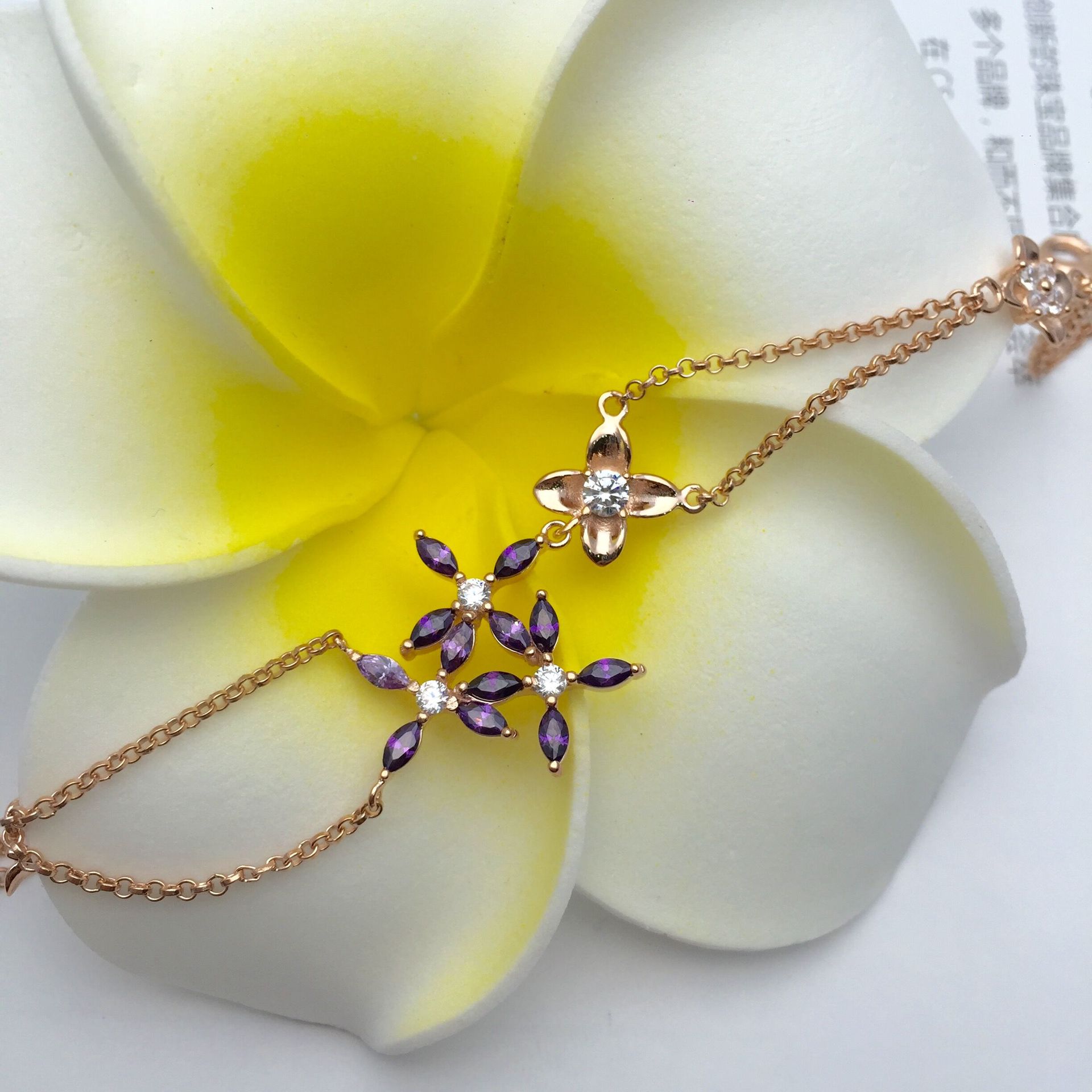 纯银925手链 韩版 微镶锆石四瓣花手链