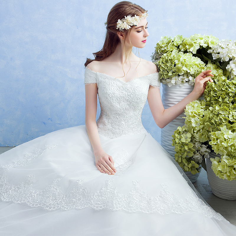 婚纱礼服2016新款春夏季新娘结婚一字肩蕾丝显瘦韩式简约蓬蓬裙女