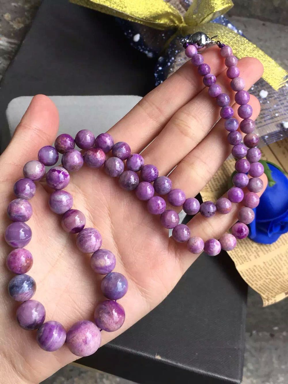 天然南非原矿浅樱花粉色舒俱来女款塔链 高档苏纪石圆珠项链批发