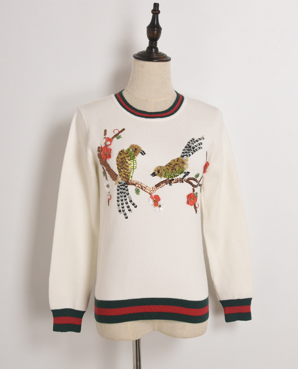 冬季毛衣女新款 重手工亮片梅花鸟针织毛衣圆领套头女式上衣1029