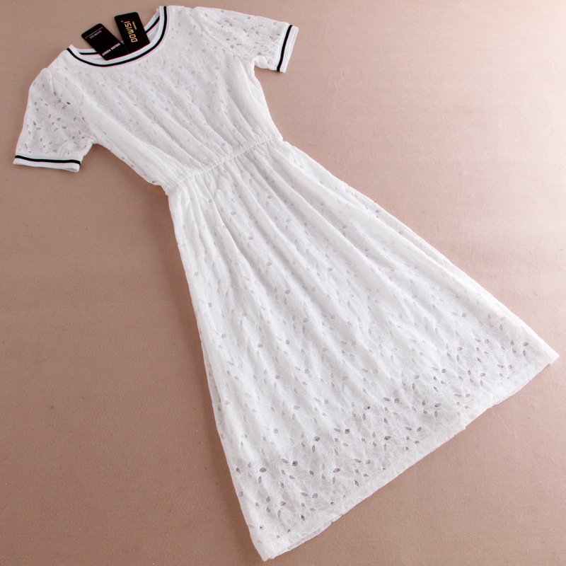 实拍2016新款夏季连衣裙学生短袖修身显瘦小清新中长款裙子