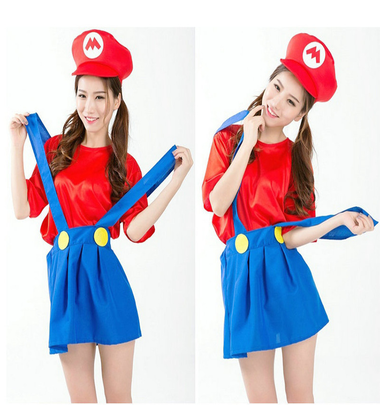玛丽奥mario 万圣节狂欢派对服装超级玛丽服装玛丽女裙红色马里奥