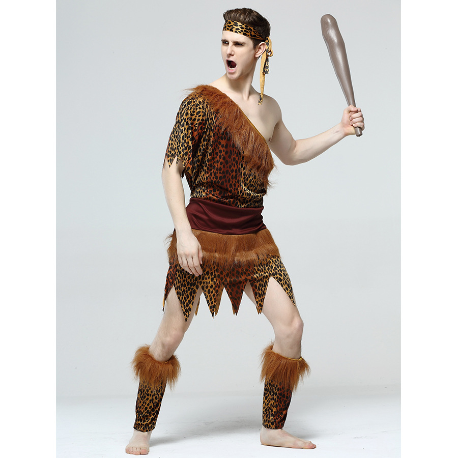 万圣节cos演出衣服成人男女土著人原始人印第安豹纹长毛野人服装