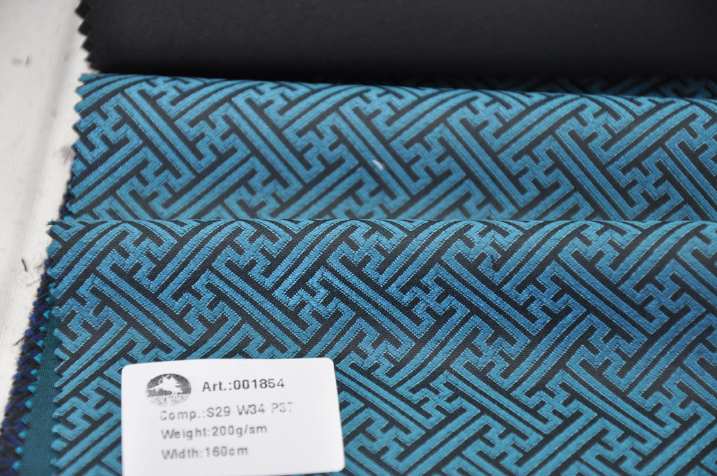 迈克王华服面料蓝色定制面料混纺万字曲水纹