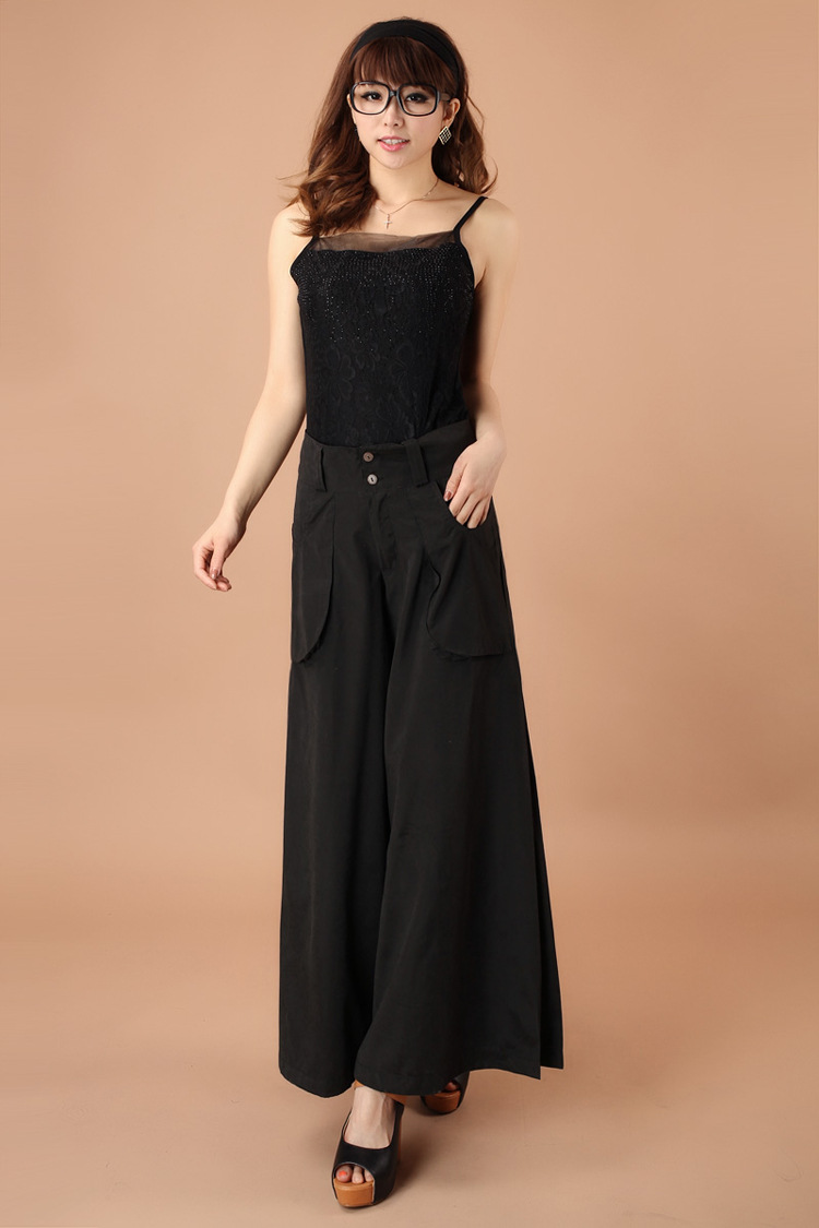 春夏新款大码时尚阔腿裤女韩版休闲裤裙中腰甩腿裙裤大脚肥腿裤女-蓝