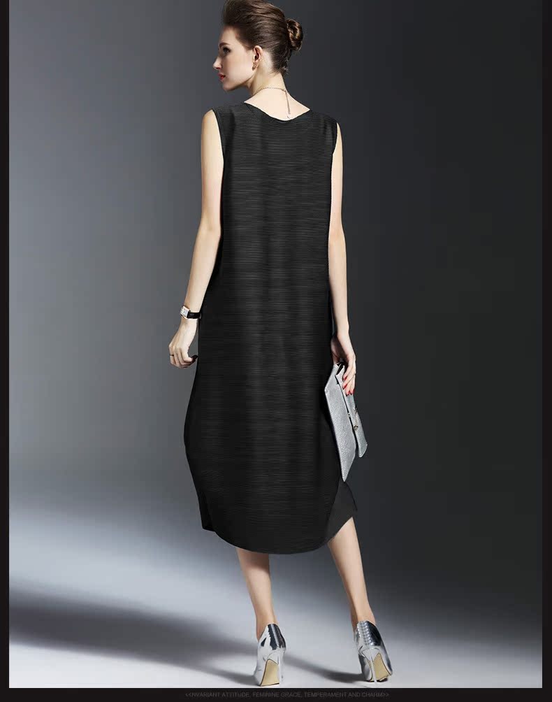 三宅一生 纯色连衣裙2016夏装新款无袖宽松大码a字裙褶皱打底裙-女裤