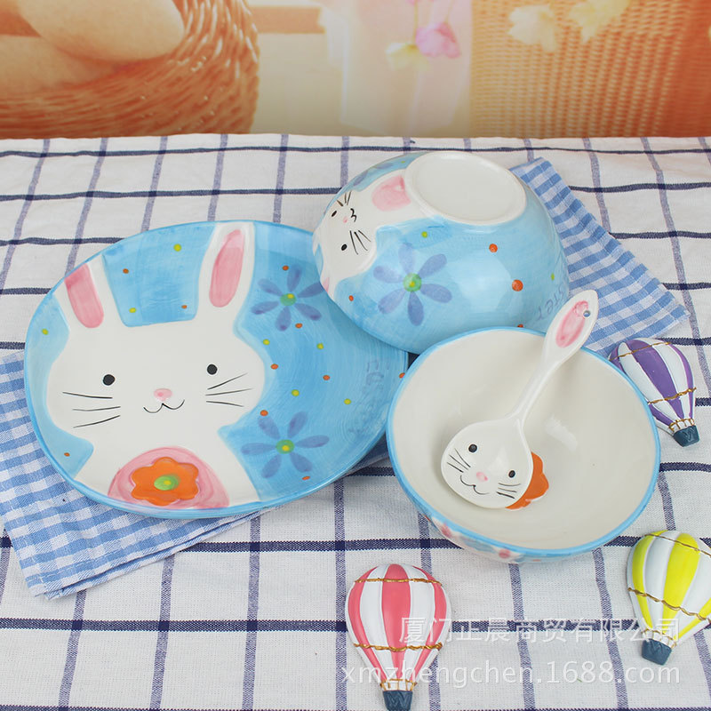 Pure Hand Drawing 4-Piece Rabbit Bowl Creative Ins Unicorn Cartoon Animal Ceramic Tableware Children Eating Bowl Set