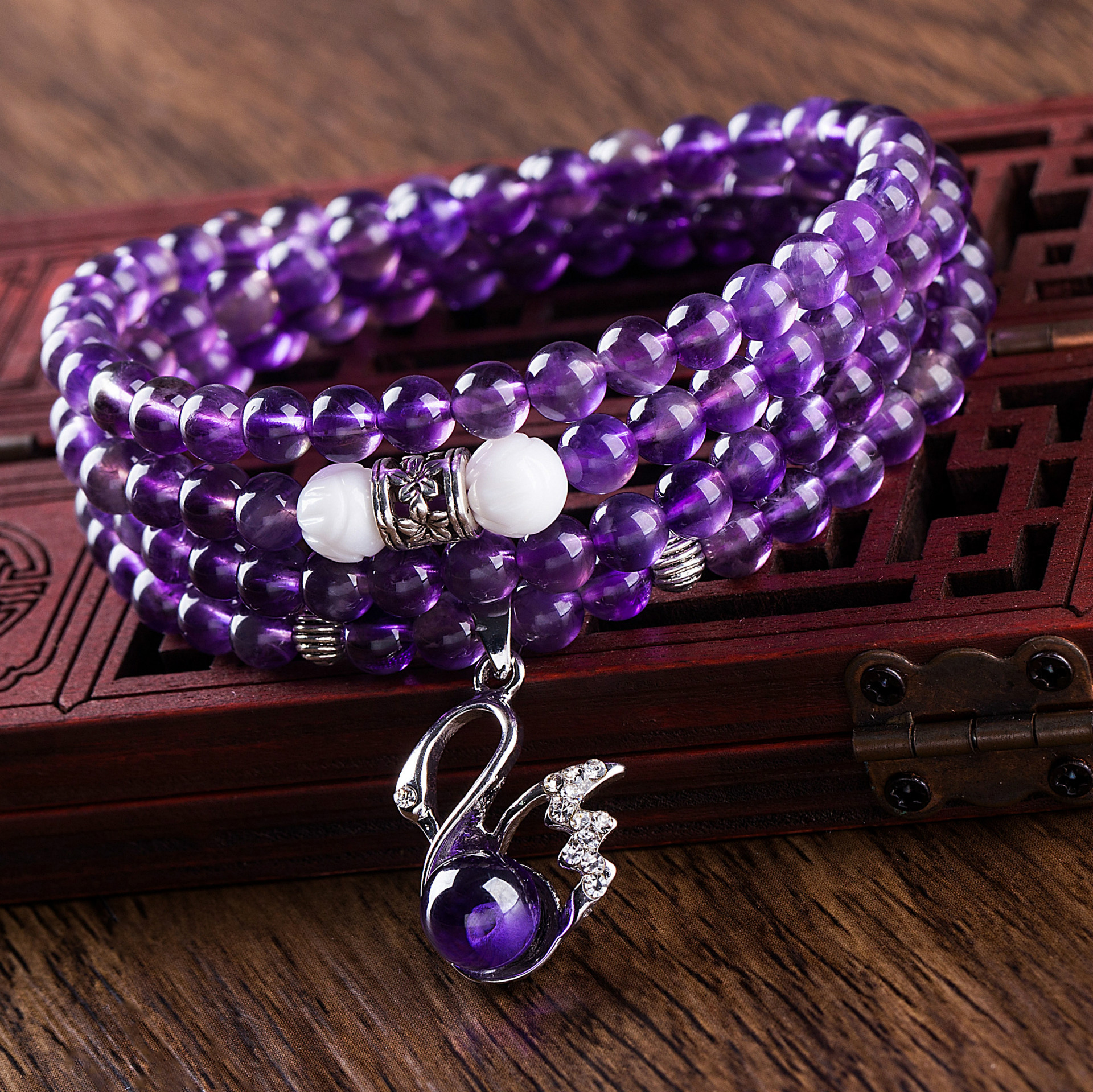 厂家可爱紫刚玉藏银天鹅天然紫水晶手链多层多圈韩版水晶手链批发