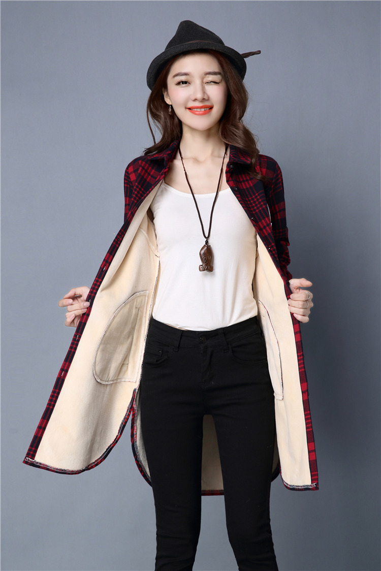 一件代发 加绒格子长袖中长款衬衫女 宽松秋冬女装保暖女士衬衣