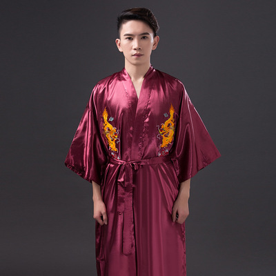 新款 中式复古男士睡衣 绣龙皇帝睡袍 夏季中长款龙袍