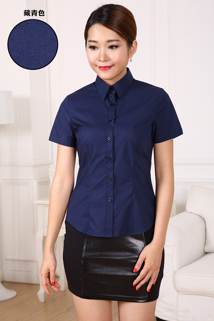 纯棉微弹女短袖修身职业装衬衫上班银行办公室休闲工作服衬衣