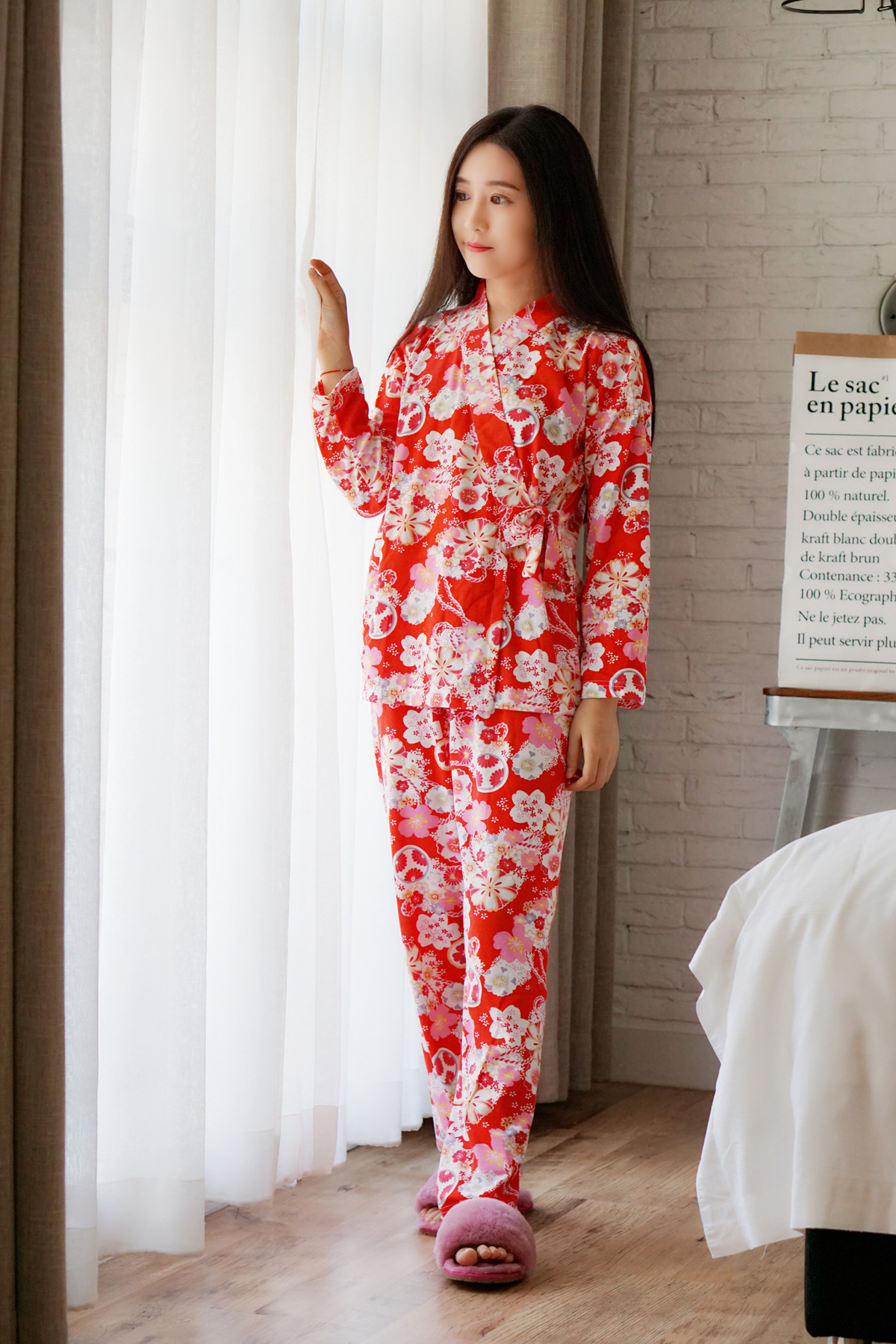 秋季和服日系睡衣 甜美樱花套装 针织棉少女家居服 斜襟绑带套装