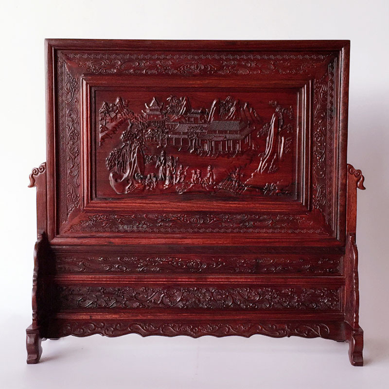 红酸枝木雕中式插屏台屏大理云石古典山水亭楼阁屏风摆件批发 - 红木