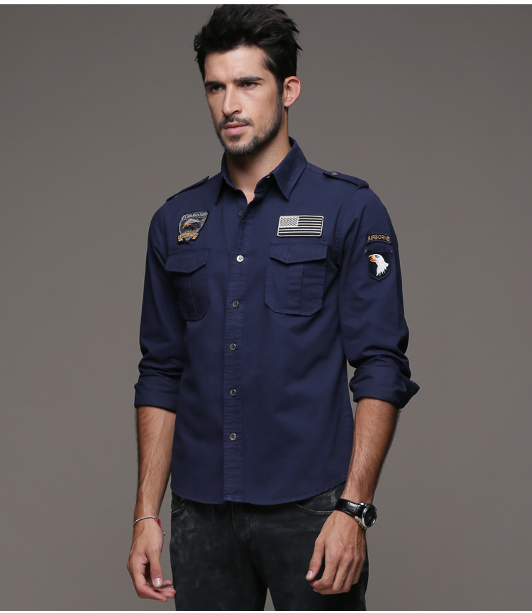 跨境专供速卖通秋季军工装长袖衬衫 男空军一号鹰头大码衬衣秋装