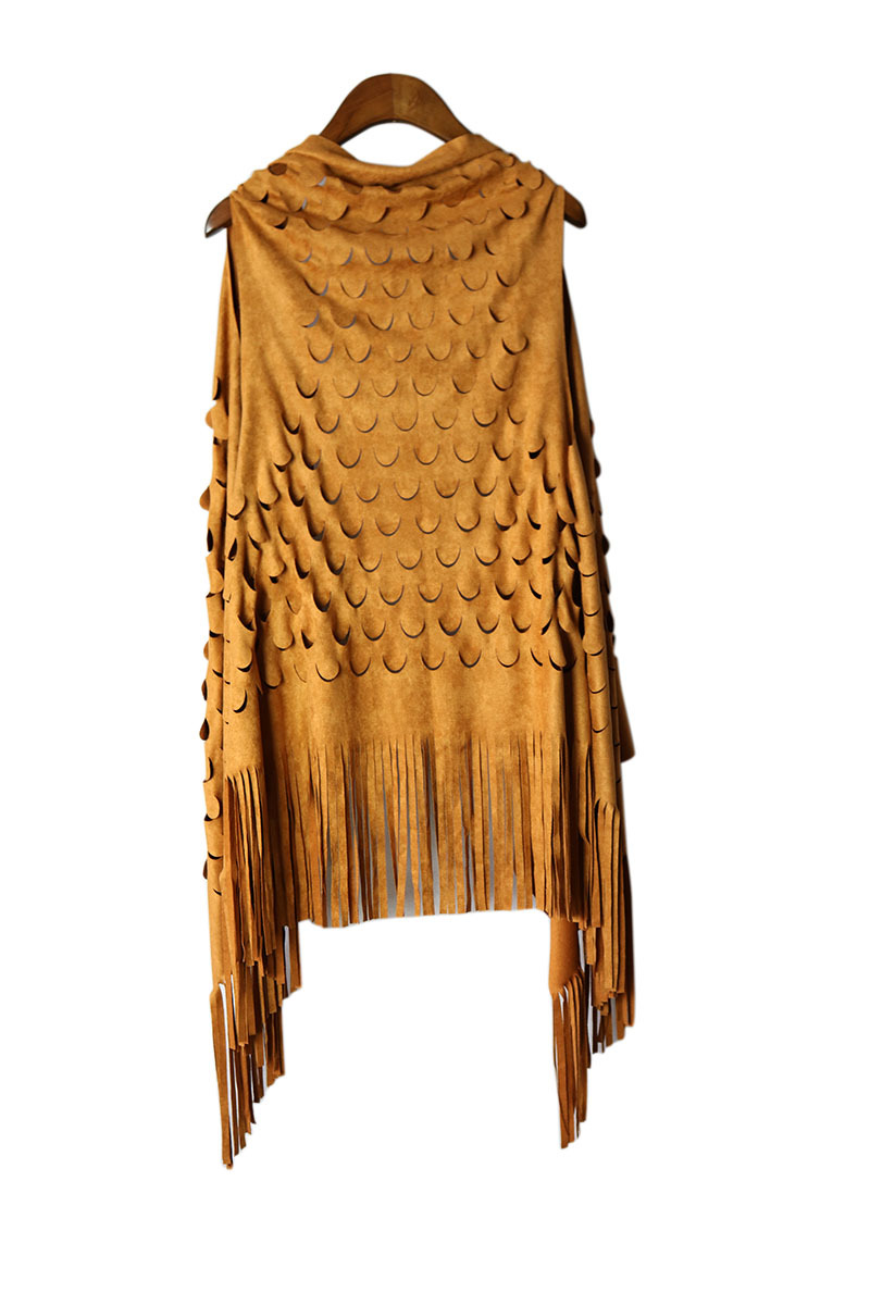 纯色鱼鳞片镂空流苏马甲 皮绒时尚开衫中长