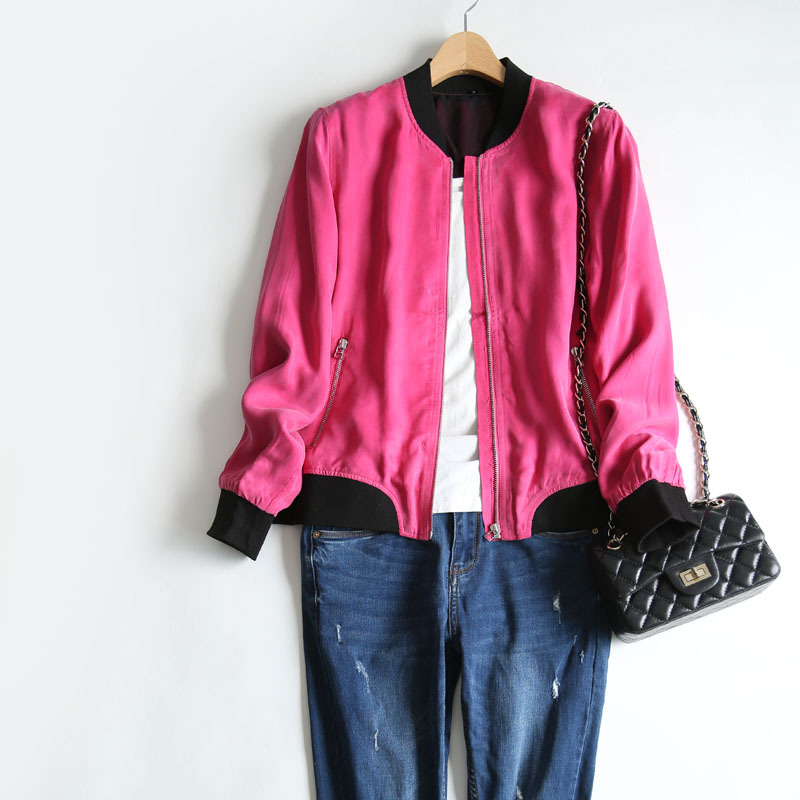 秋季新品通勤韩版铜氨丝真丝长袖外套拉链显瘦休闲服夹克