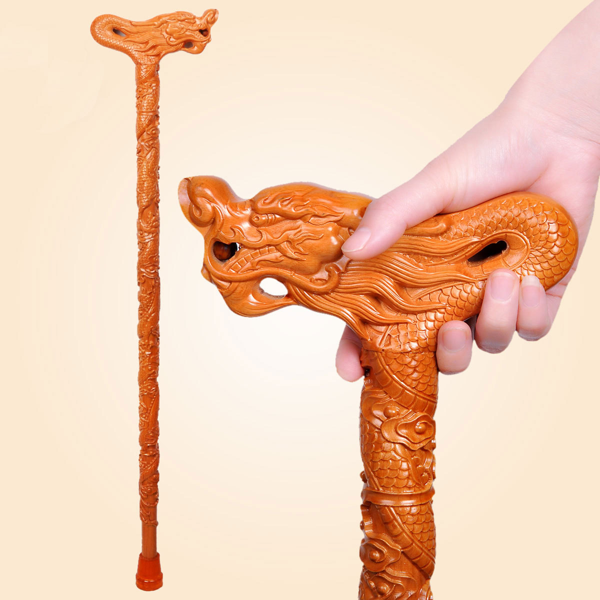 云端多福 桃木拐杖防滑手杖桃木雕刻工艺品