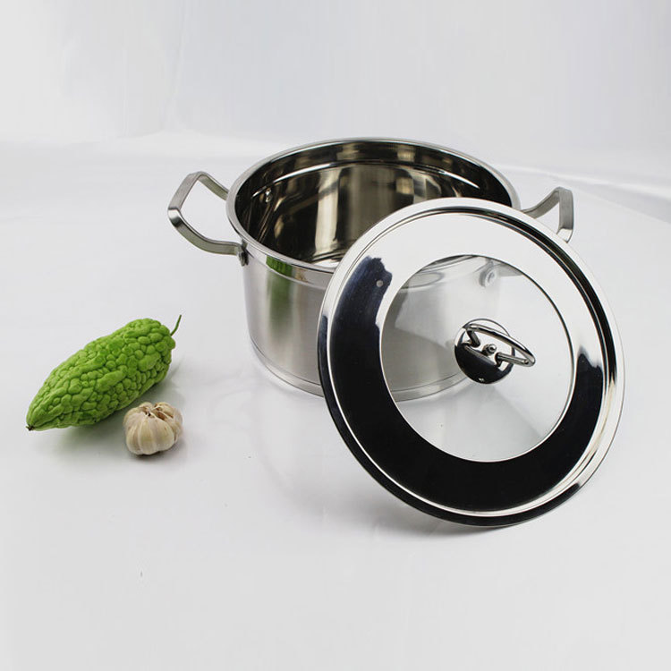 厂家直销韩式不锈钢扁条钢柄双耳汤锅 复底组合盖实用煮面锅