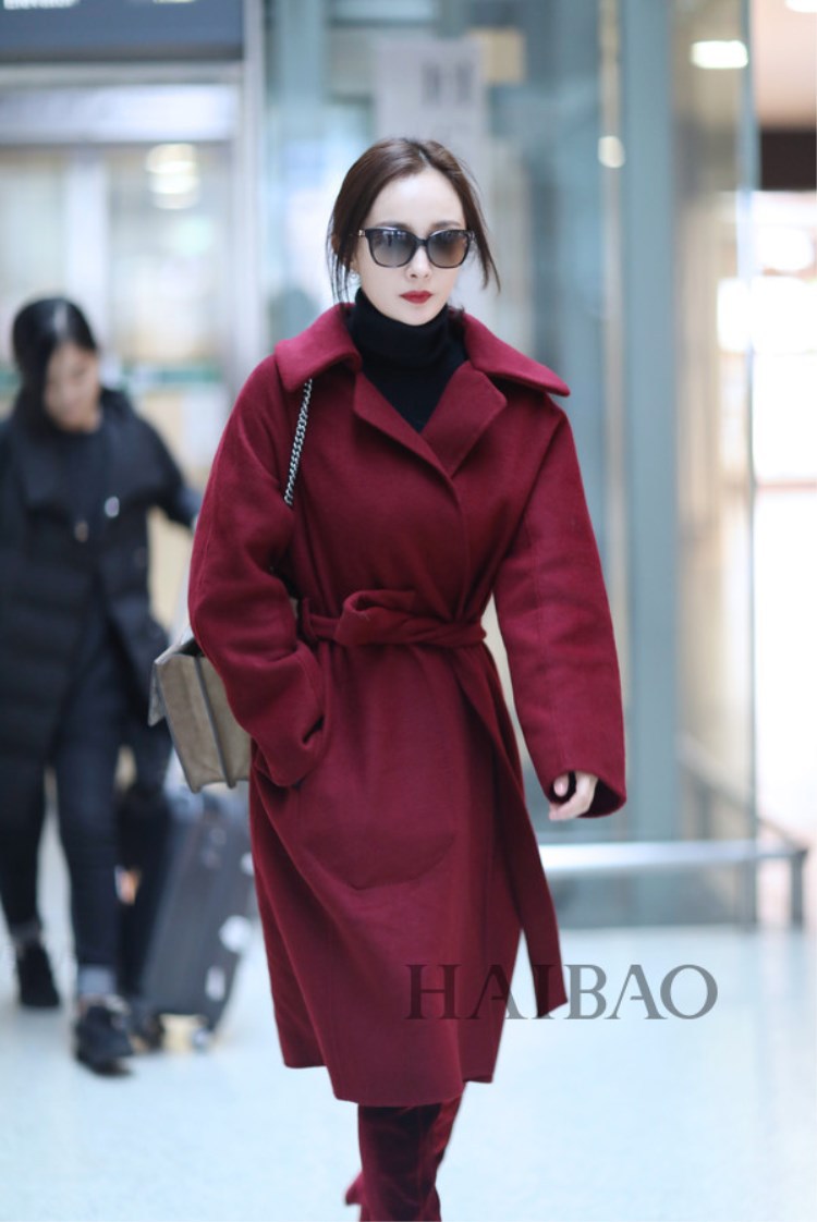 杨幂明星同款枣红色系带中长款大衣20新款秋冬女装毛呢外套潮3652
