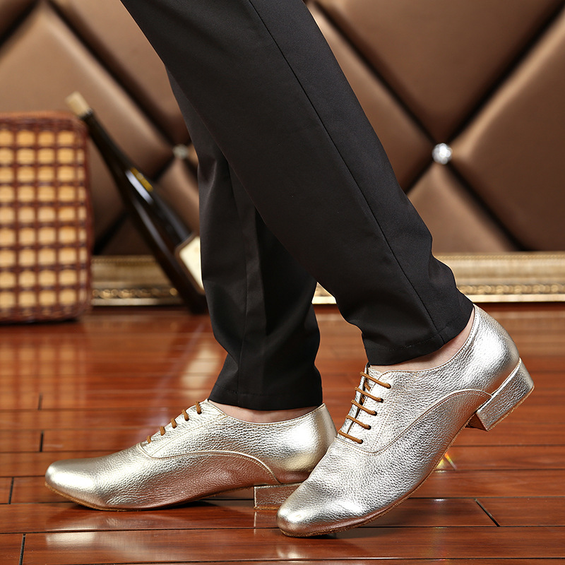 2018男士真皮拉丁舞鞋摩登跳舞鞋华尔兹教练舞蹈鞋低跟软底金色